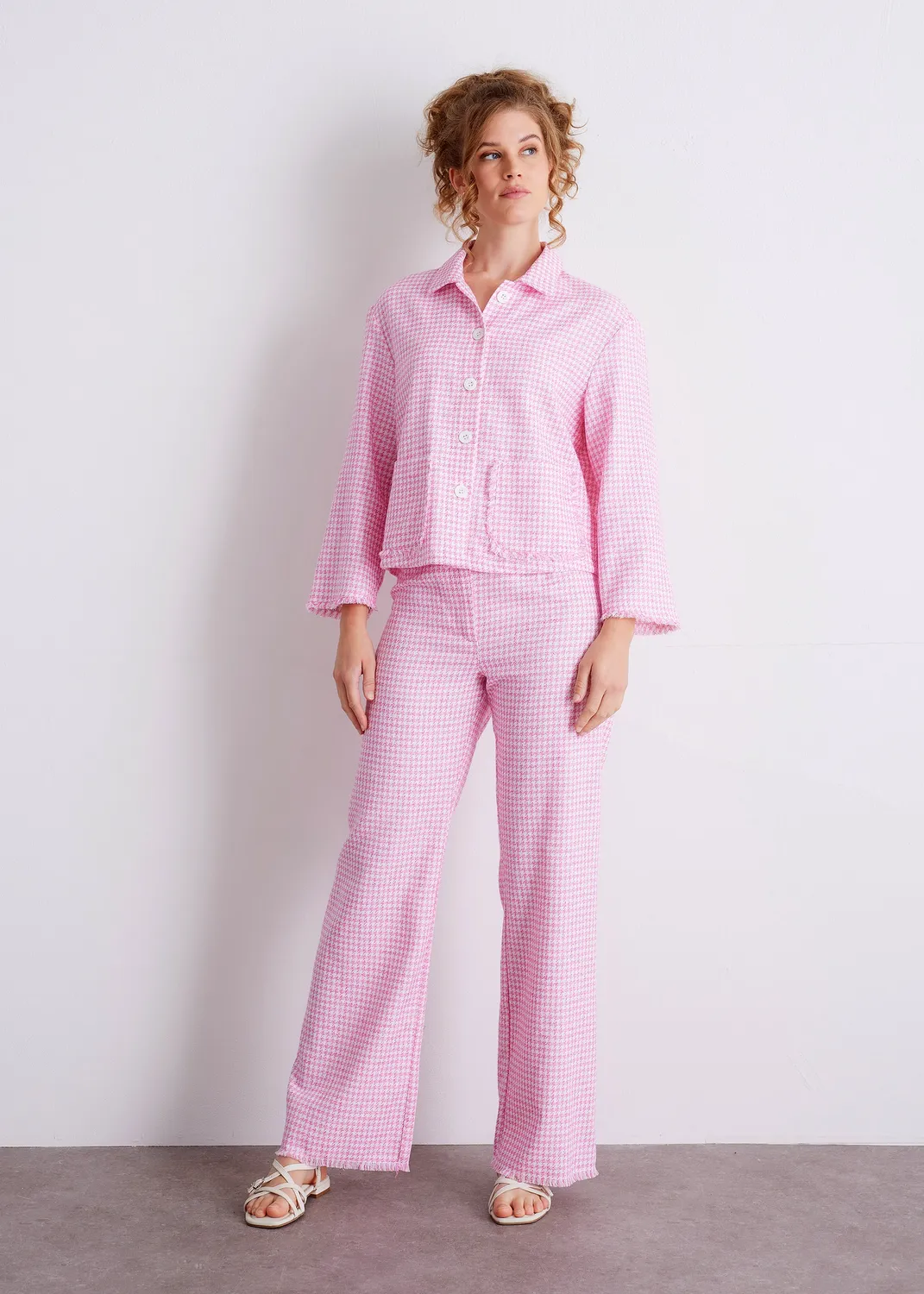 Senatex Kurzjacke Baumwoll-Hanf Knopfleiste Jacke Pink Houndstooth
