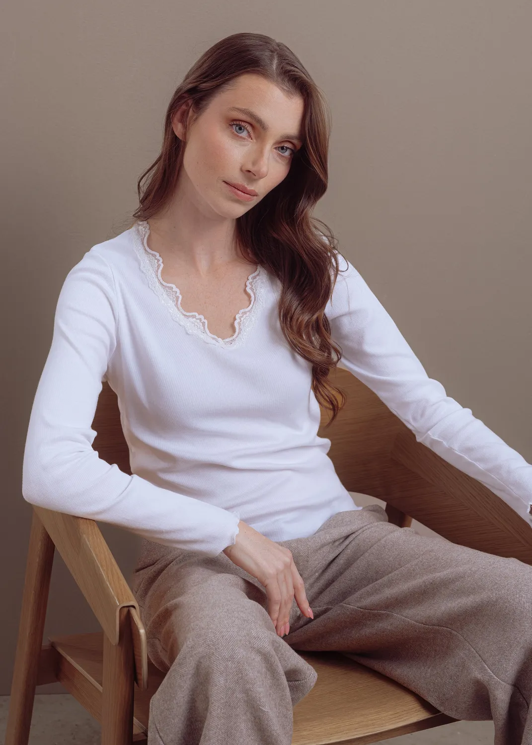 Senatex Ripp-Shirt mit Spitze Langarmshirt Cream Baumwollmix