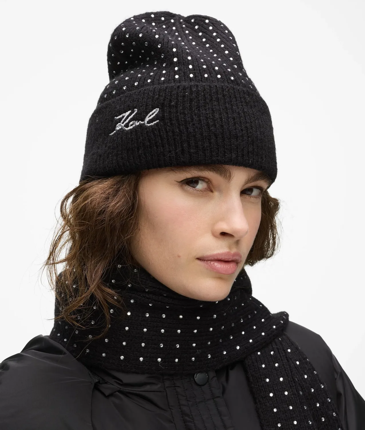 Karl Lagerfeld K/Signature Beanie Strass Rippstrick