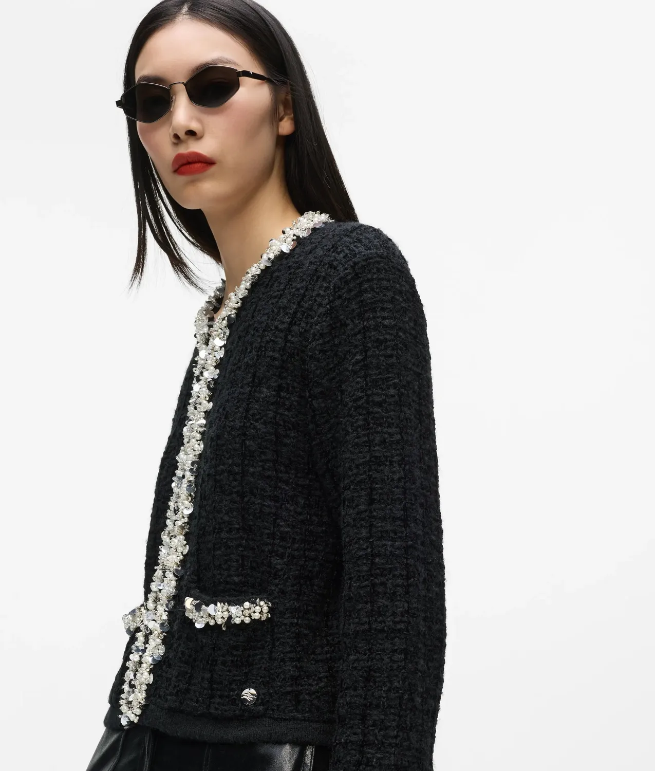 Karl Lagerfeld Textured Beaded Cardigan Strickjacke mit Perlen
