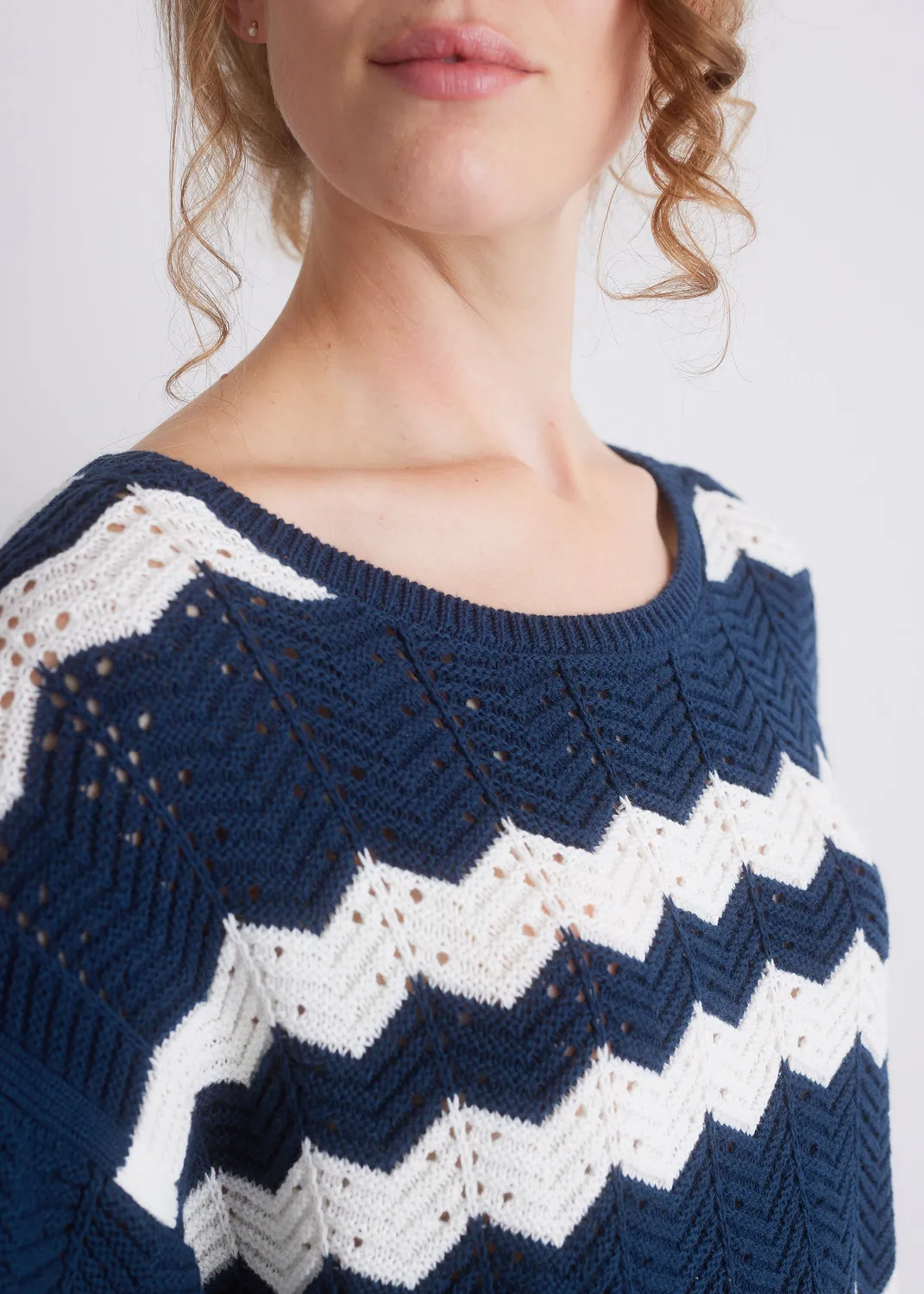 Senatex Strickpullover Zickzack Rundhals Indigo Combo Baumwolle