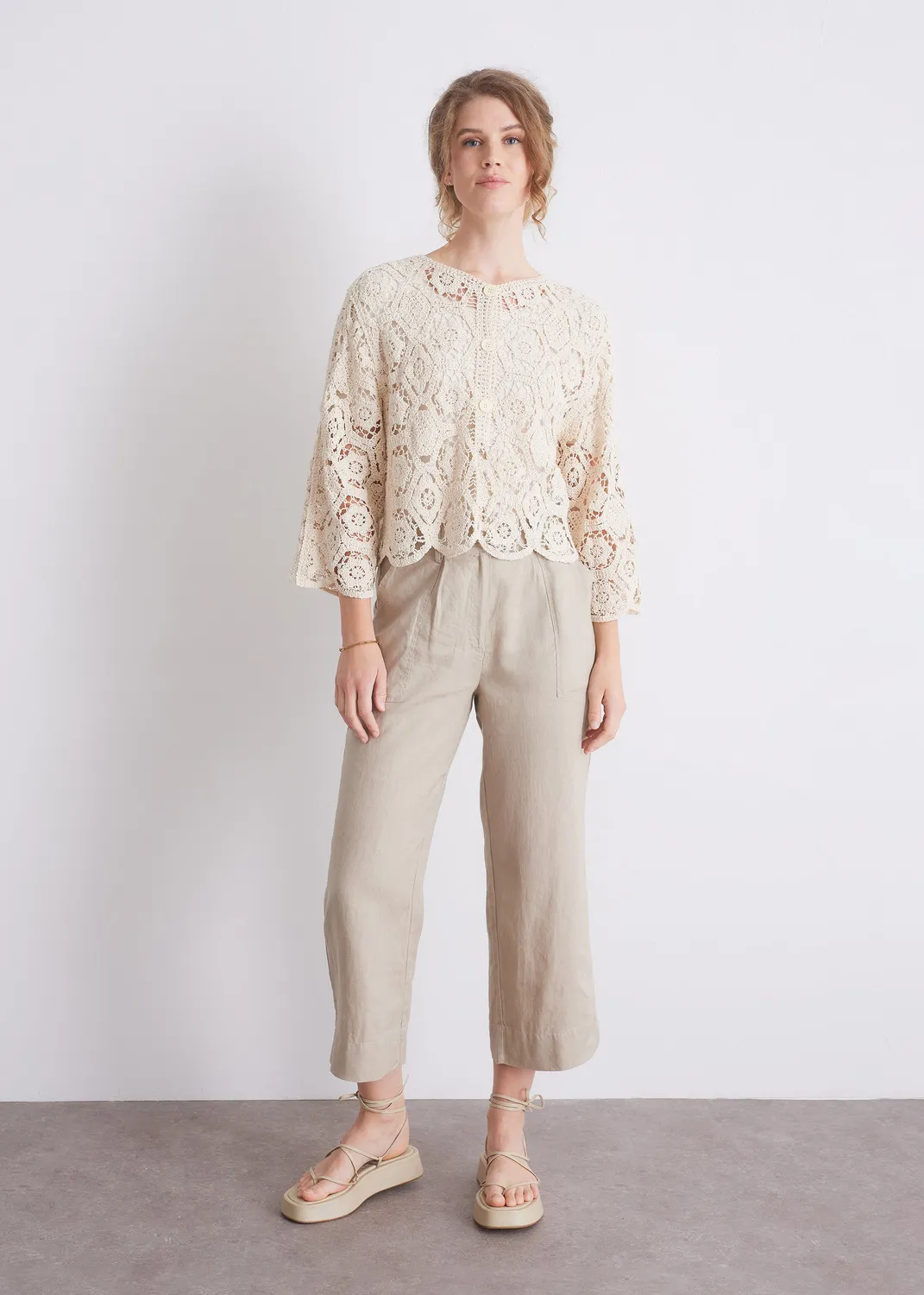 Senatex Häkel-Cardigan Baumwolle Strickjacke Off-White