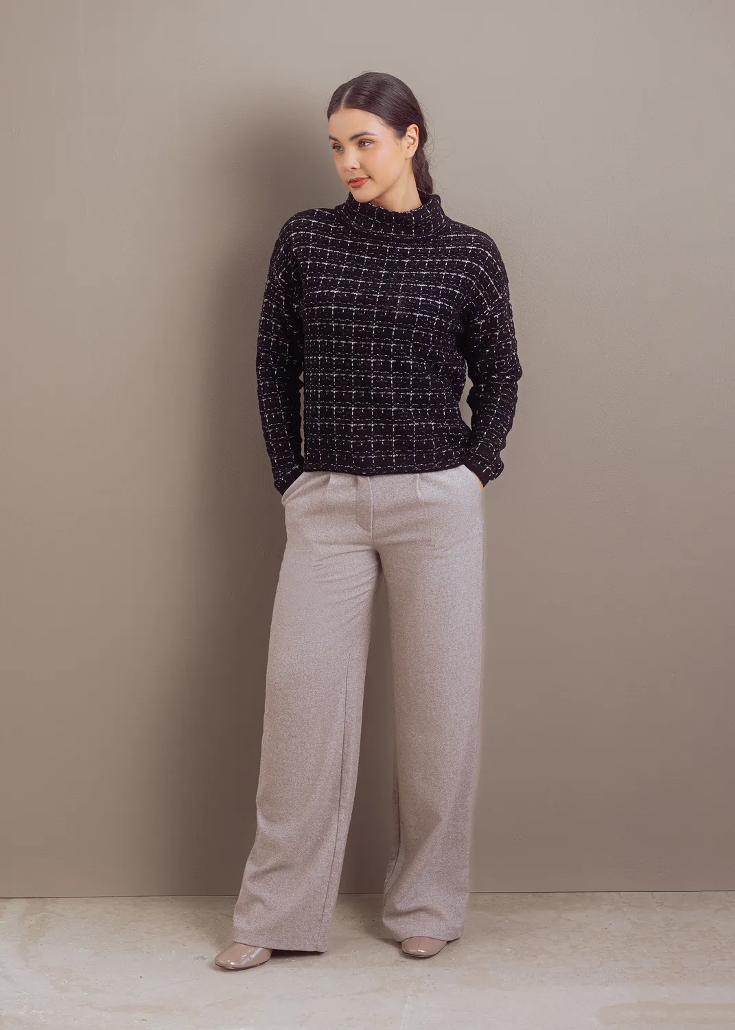 Senatex Pullover Bouclé Wolle-Kaschmir Black Combo Karo