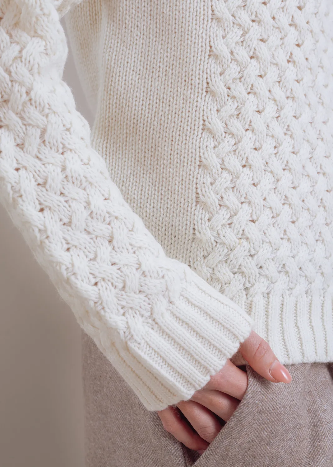 Senatex Rollkragenpullover Zopf reine Wolle Cream