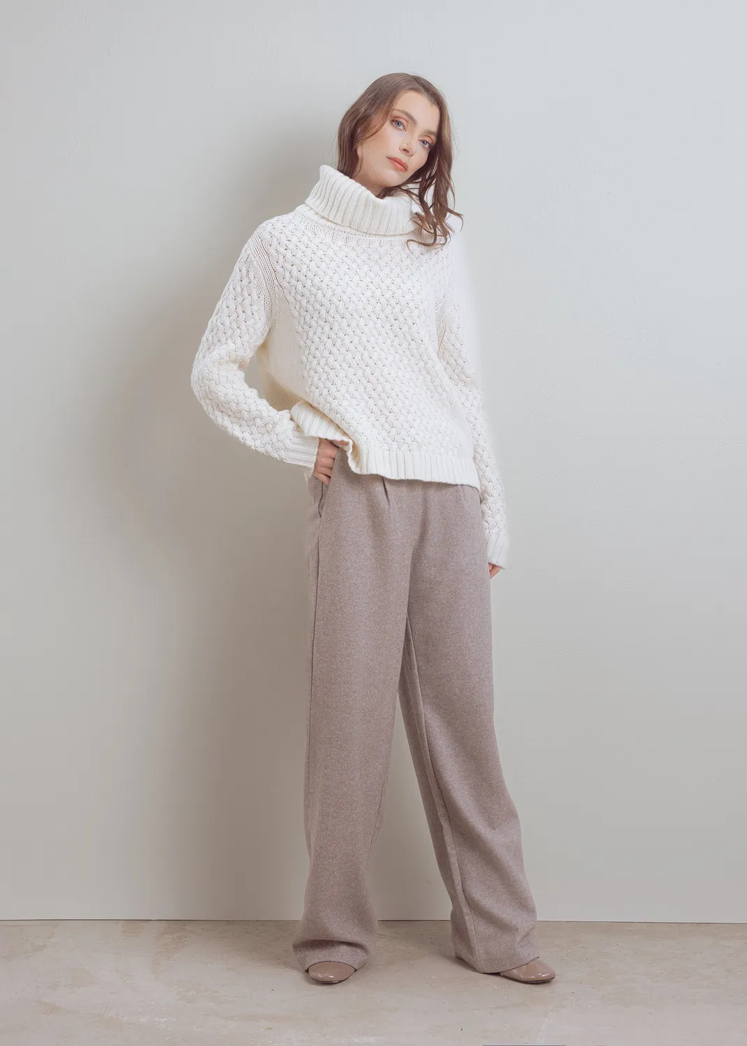 Senatex Rollkragenpullover Zopf reine Wolle Cream