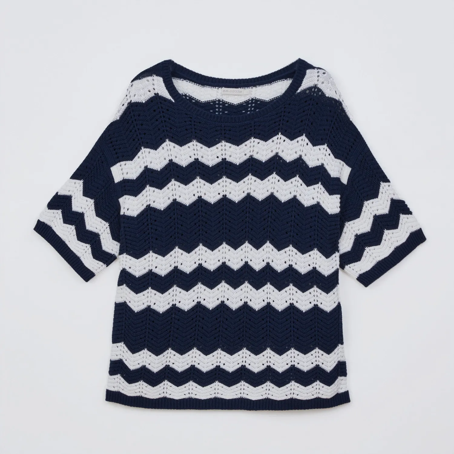 Senatex Strickpullover Zickzack Rundhals Indigo Combo Baumwolle