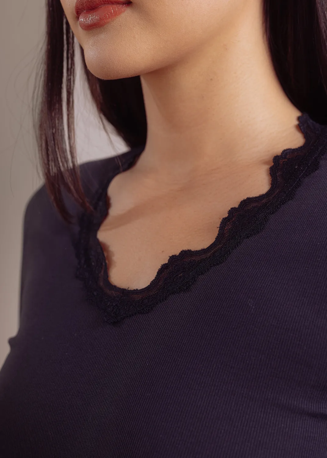 Senatex Ripp-Shirt mit Spitze Langarmshirt Cream Baumwollmix