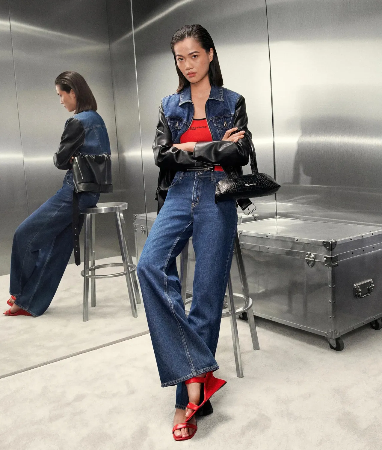 Karl Lagerfeld KL Jeans Denim Jacke Kunstleder Mix