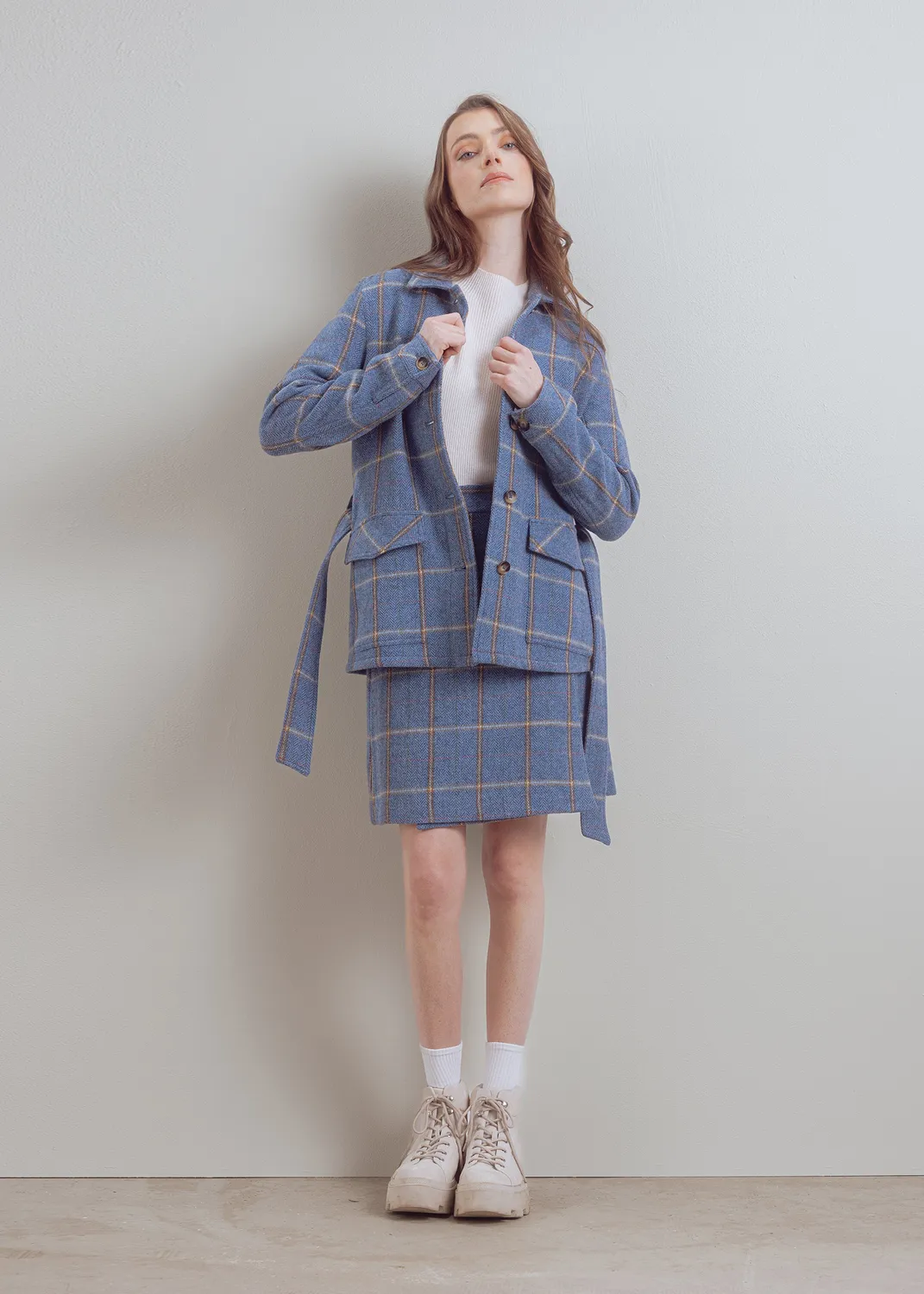 Senatex Karierte Wolljacke Denim Check Reine Wolle