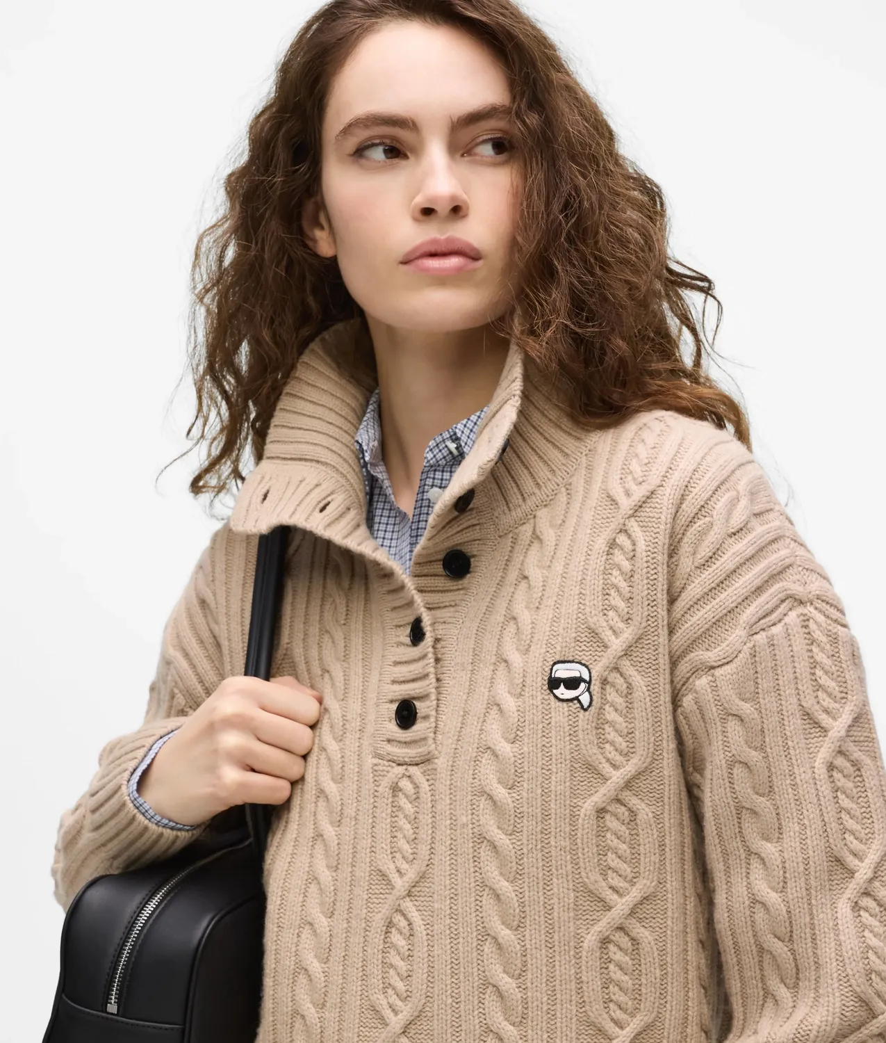 Karl Lagerfeld Ikon Cable Knit Polo Pullover Wolle