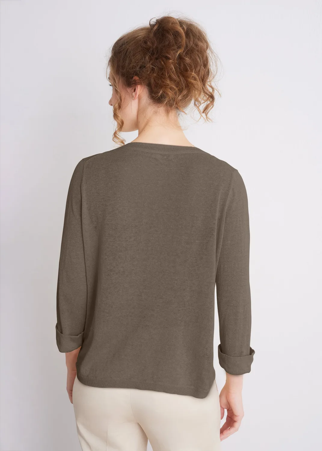 Senatex Leinenpullover Rundhals Mocca 3/4-Arm