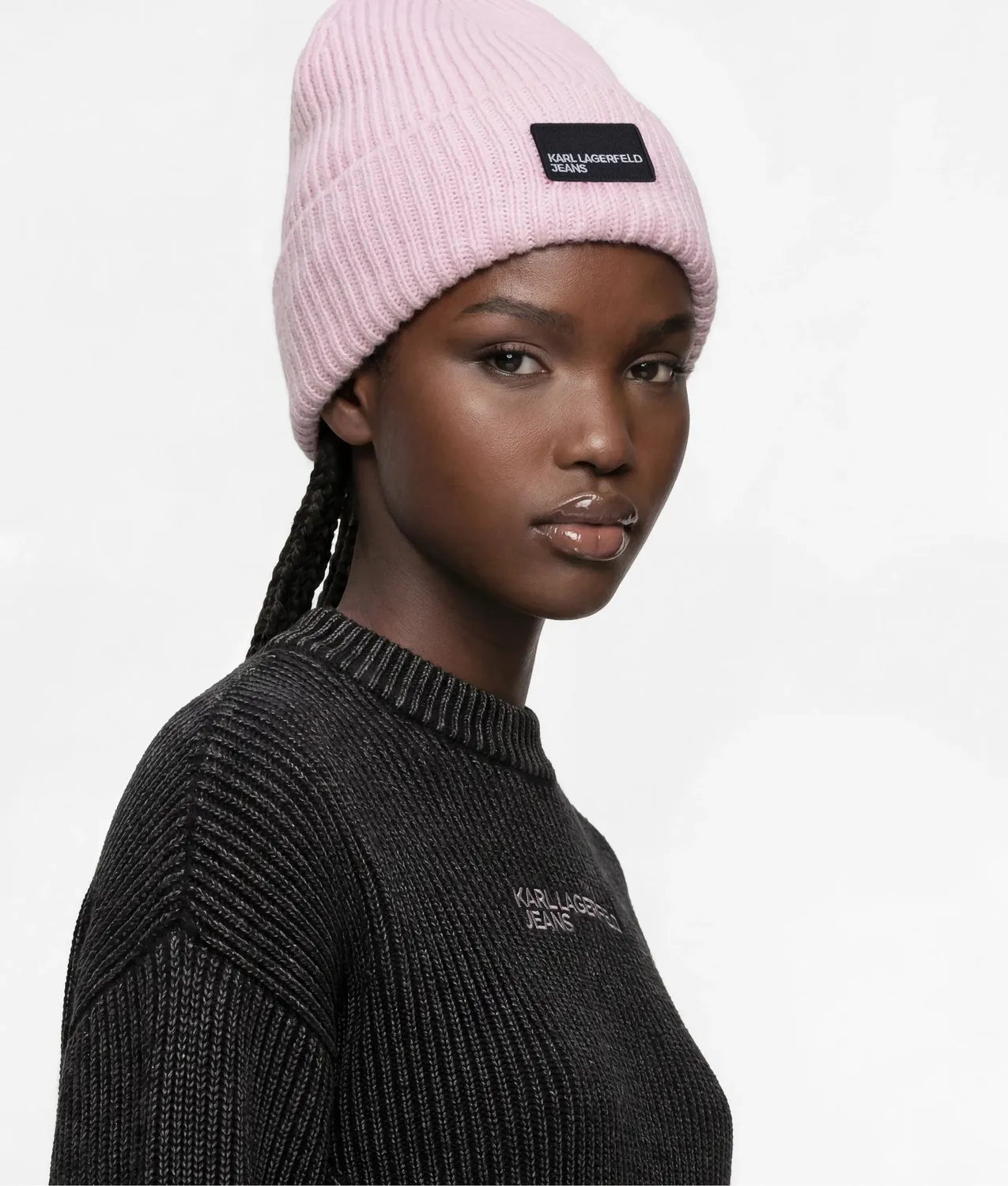 Karl Lagerfeld KL Jeans Logo Patch Long Beanie Mütze One Size Grobstrick