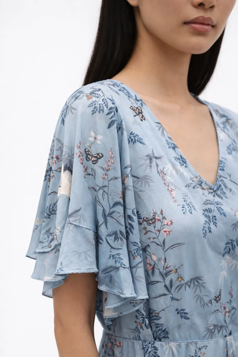 Gloriette Ruffle Sleeve Midikleid Hellblau Viskose