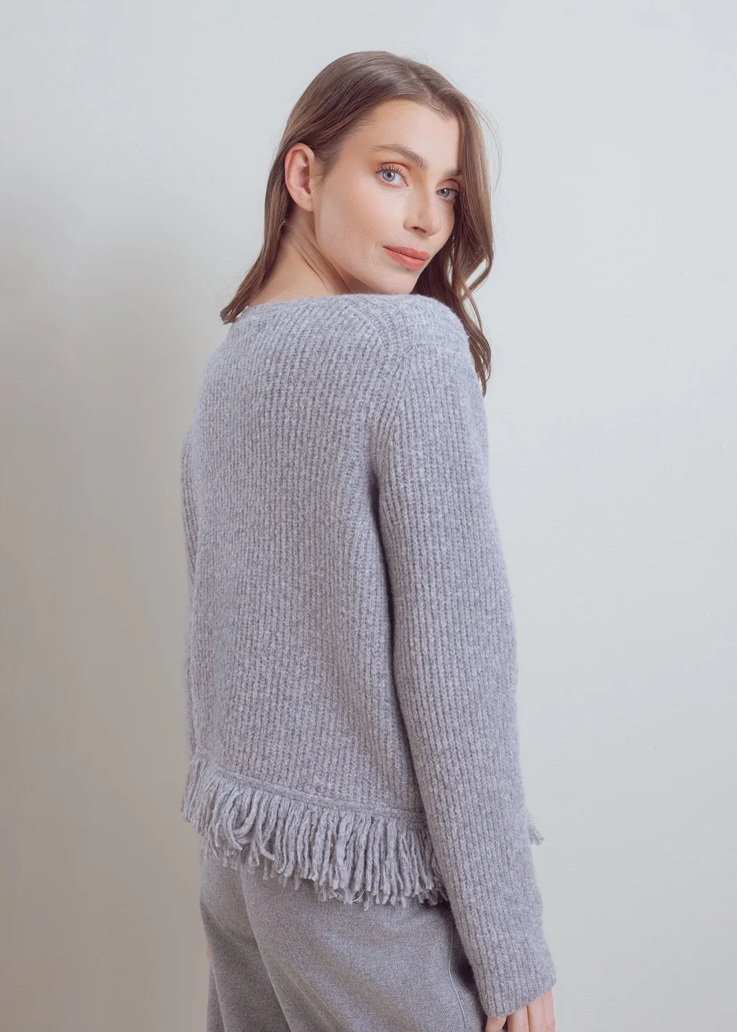 Senatex Strickjacke mit Fransen Cardigan Silver Woll-Yak-Mix