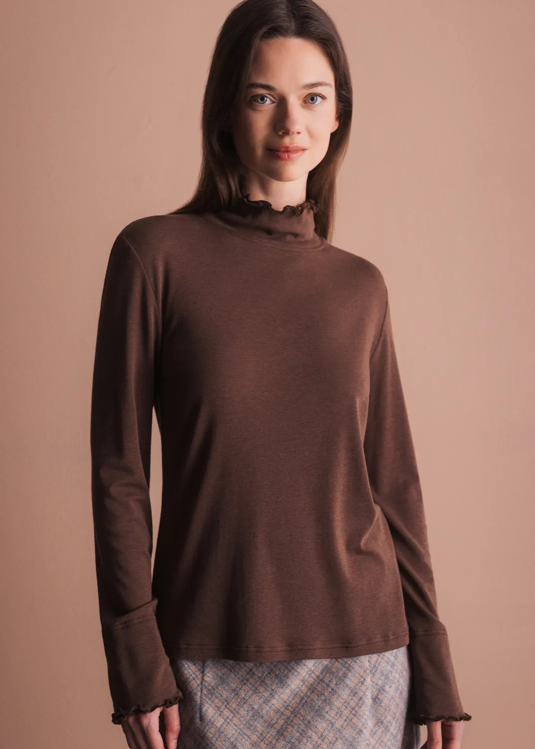 Senatex Shirt mit Rüschenkragen Beige Seiden-Mix