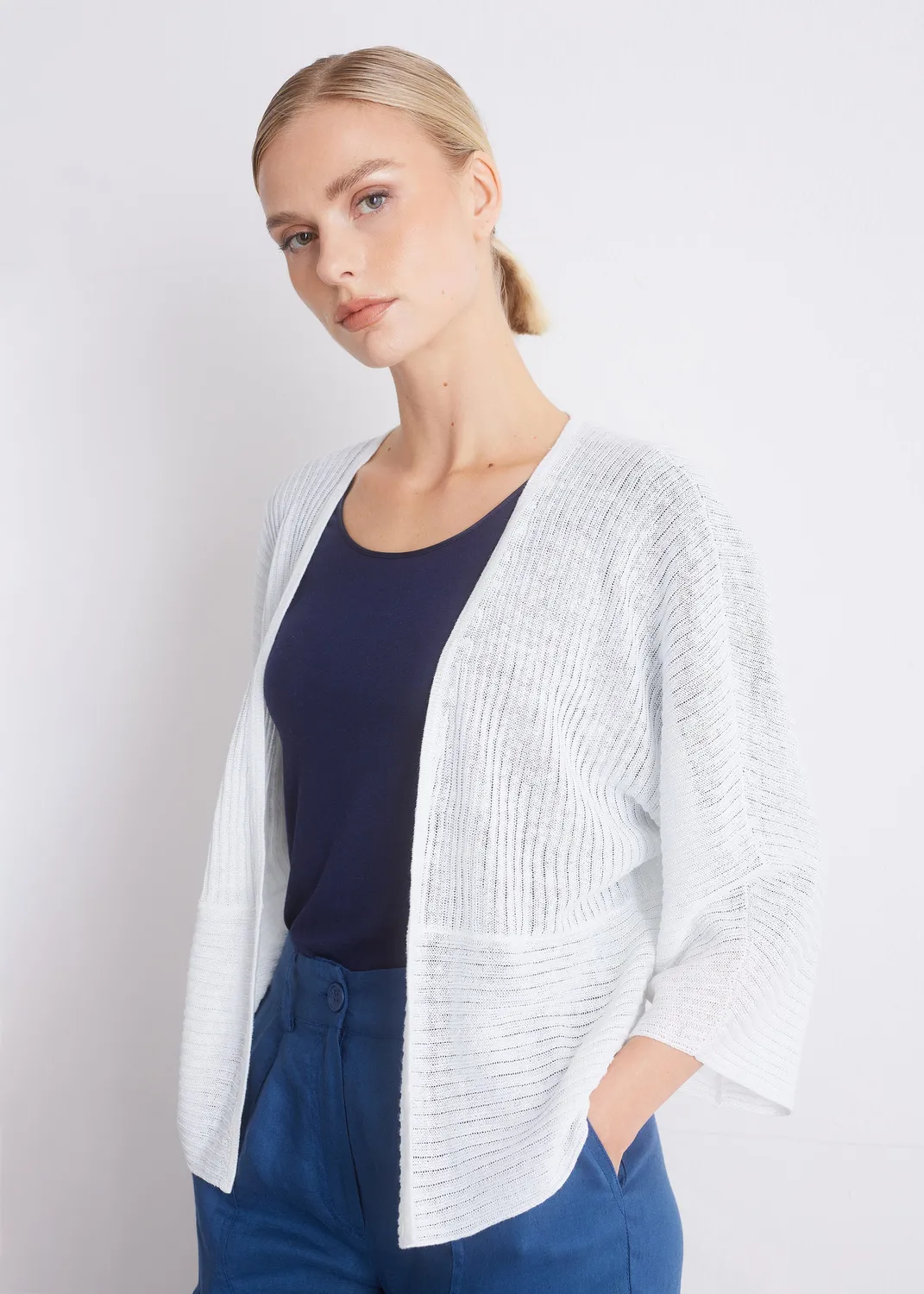 Senatex Cardigan Leinen White offene Front Sommer