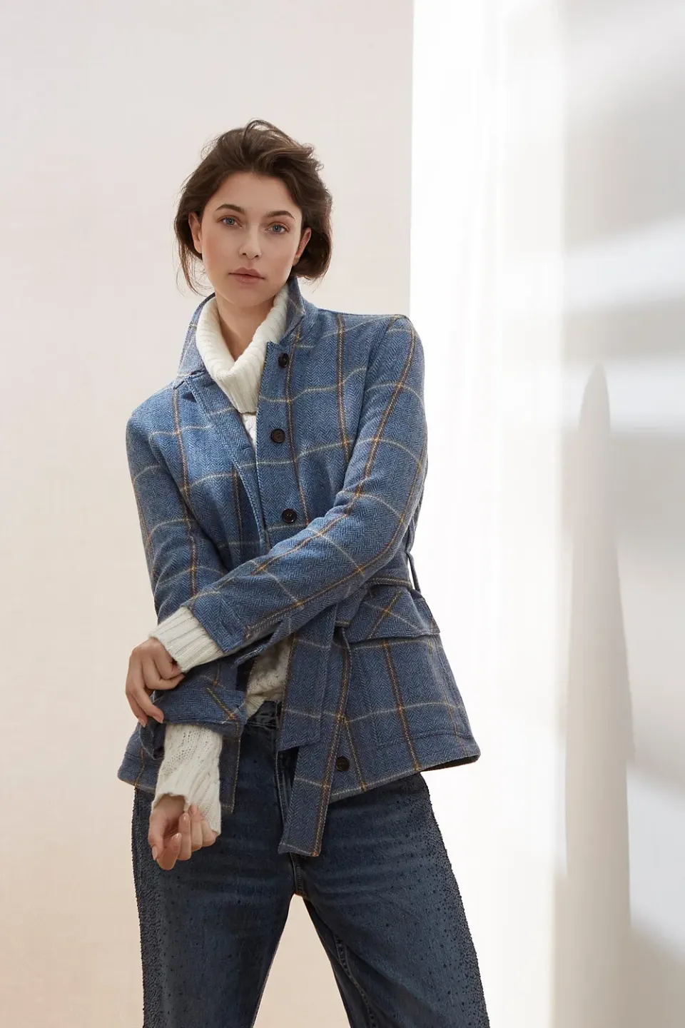 Senatex Karierte Wolljacke Denim Check Reine Wolle