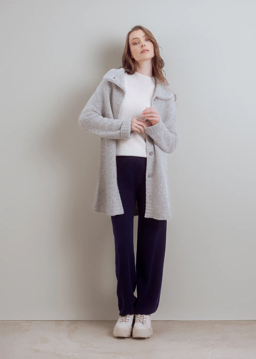 Senatex Strickmantel Wolle-Baumwolle Silver Knopfleiste