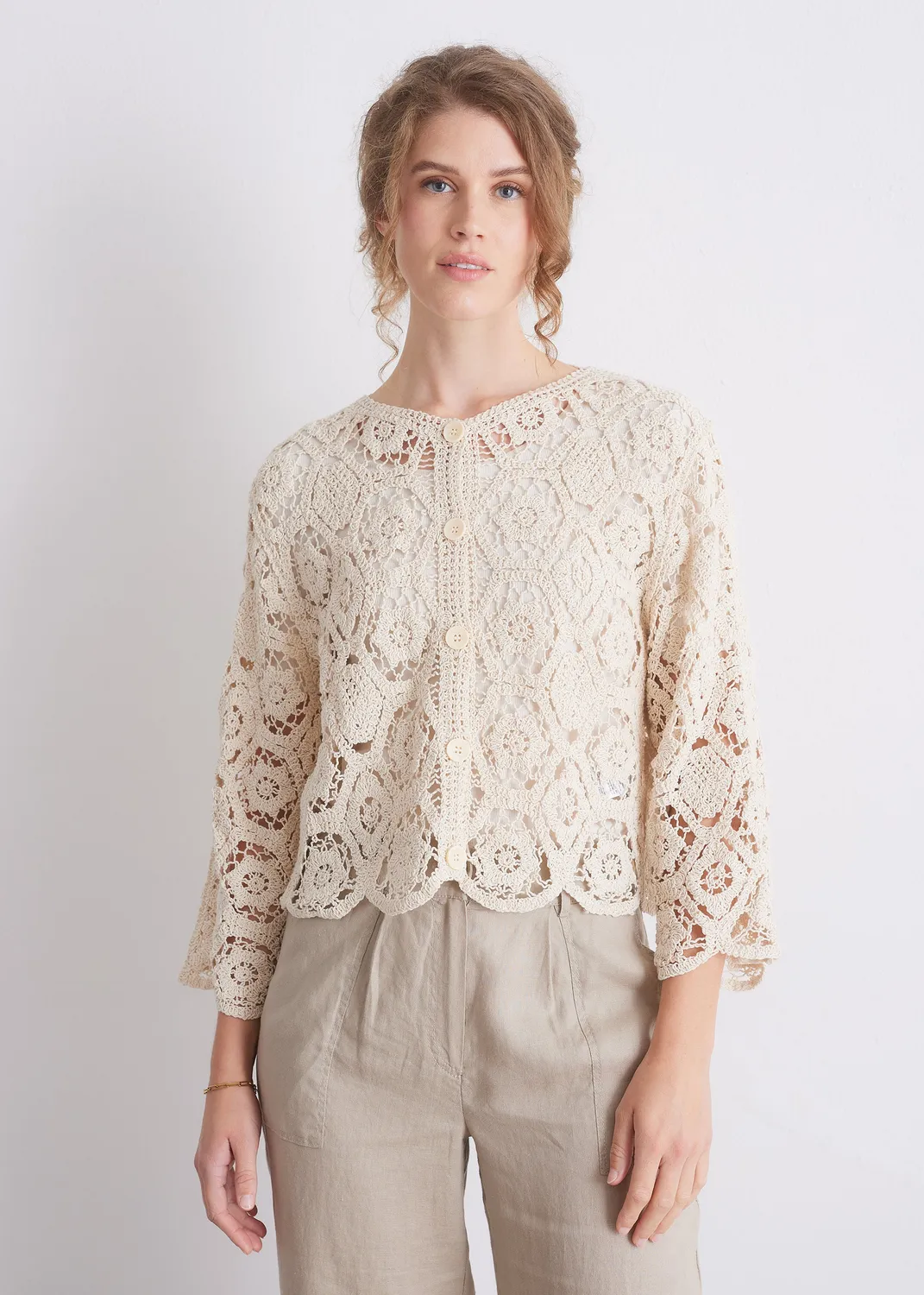 Senatex Häkel-Cardigan Baumwolle Strickjacke Off-White