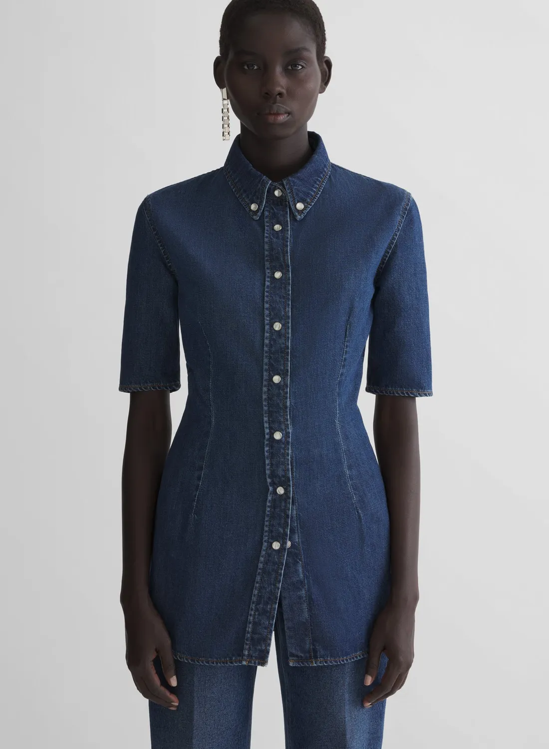 Mugler Fitted Short Sleeve Denimhemd Hellblau