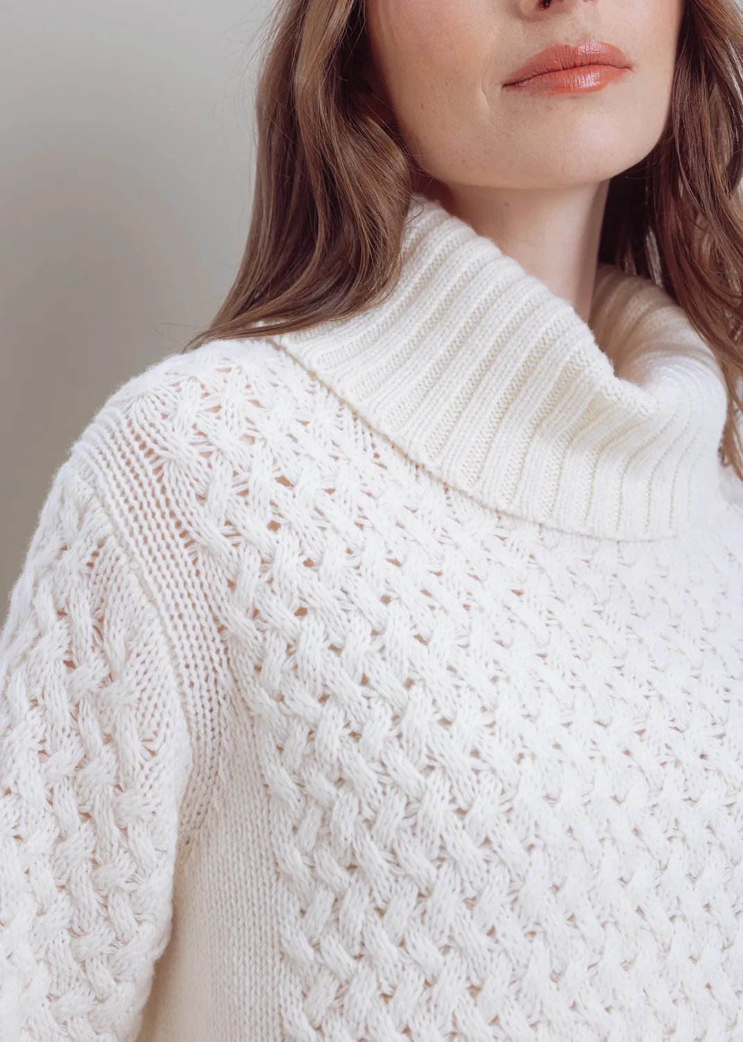 Senatex Rollkragenpullover Zopf reine Wolle Cream