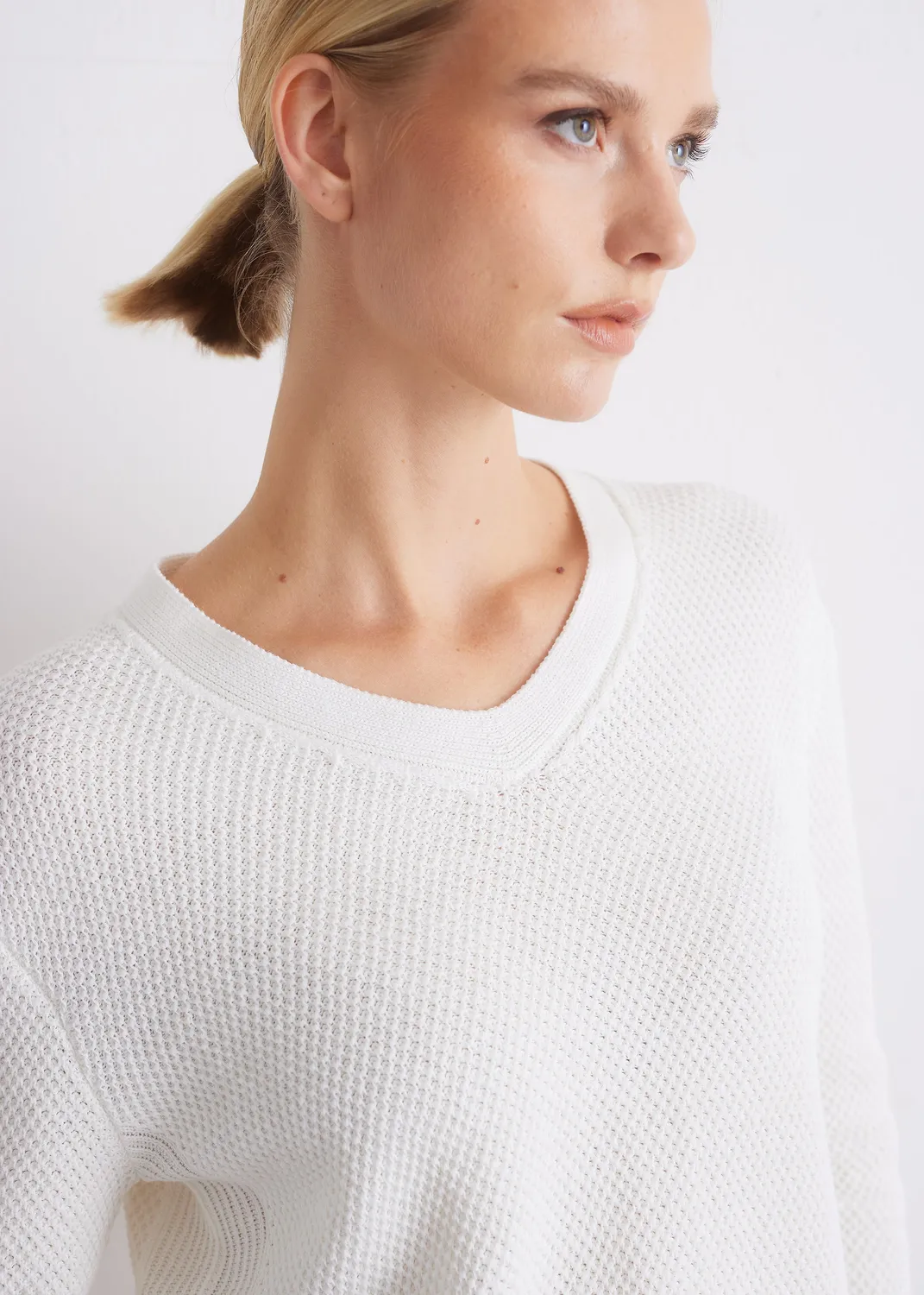 Senatex Baumwollpullover V-Ausschnitt Pullover Cream Bio-GOTS