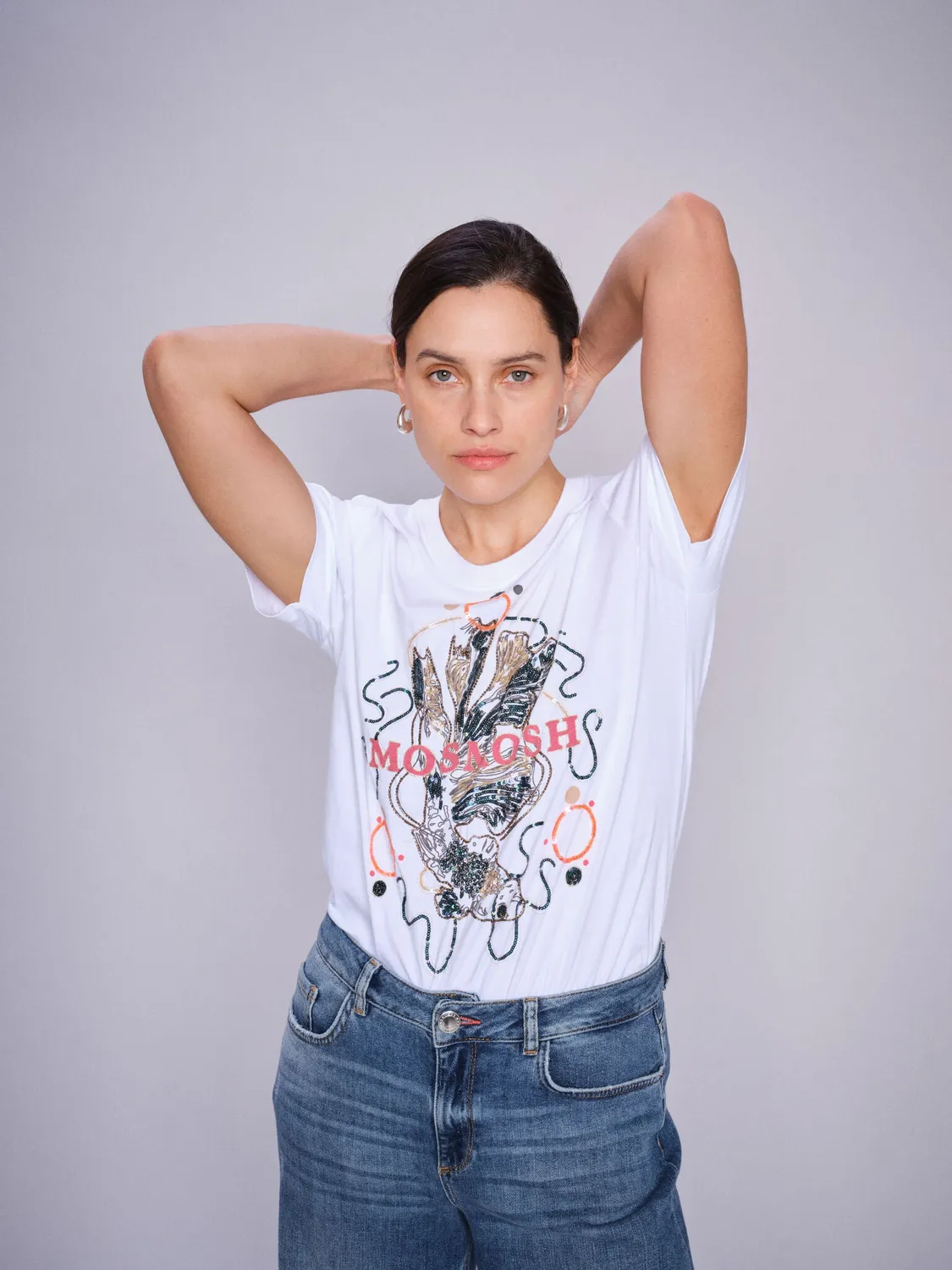Mos Mosh MMHallin O-SS Deco T-Shirt Weiß Koi-Stickerei