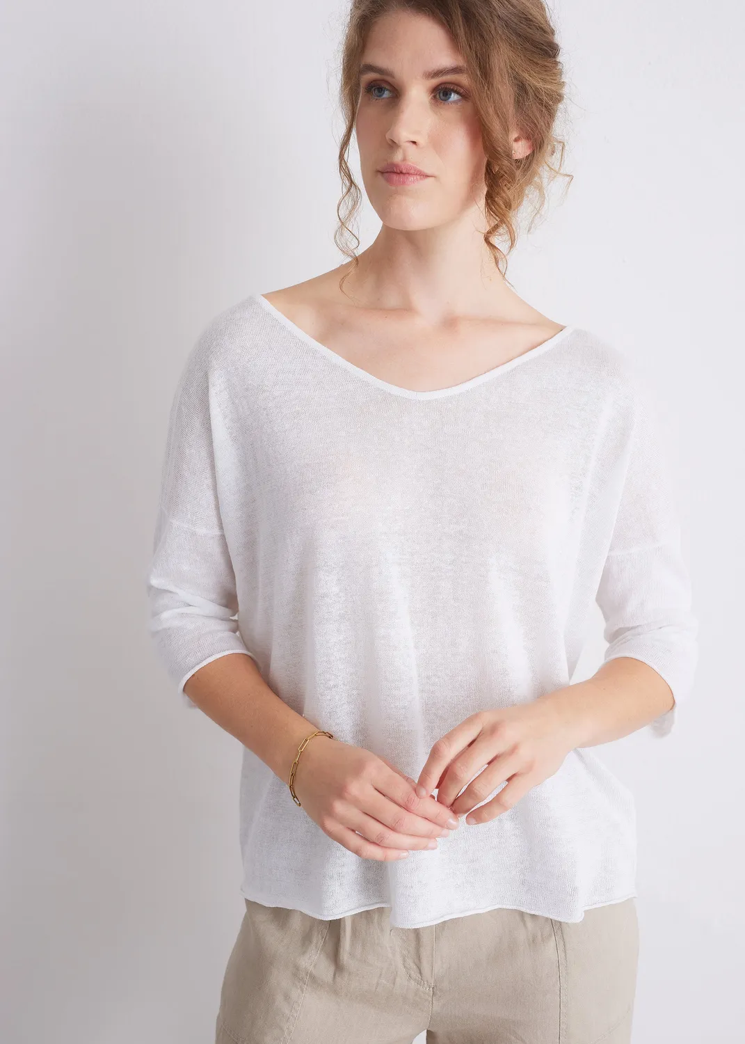 Senatex Leinenpullover mit V-Ausschnitt Pullover Weiß Leinen