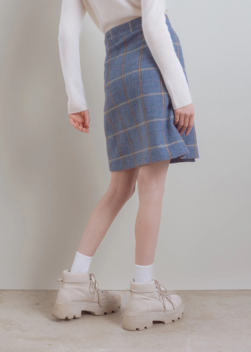 Senatex Karierter Minirock Knopfleiste Denim Check Wolle