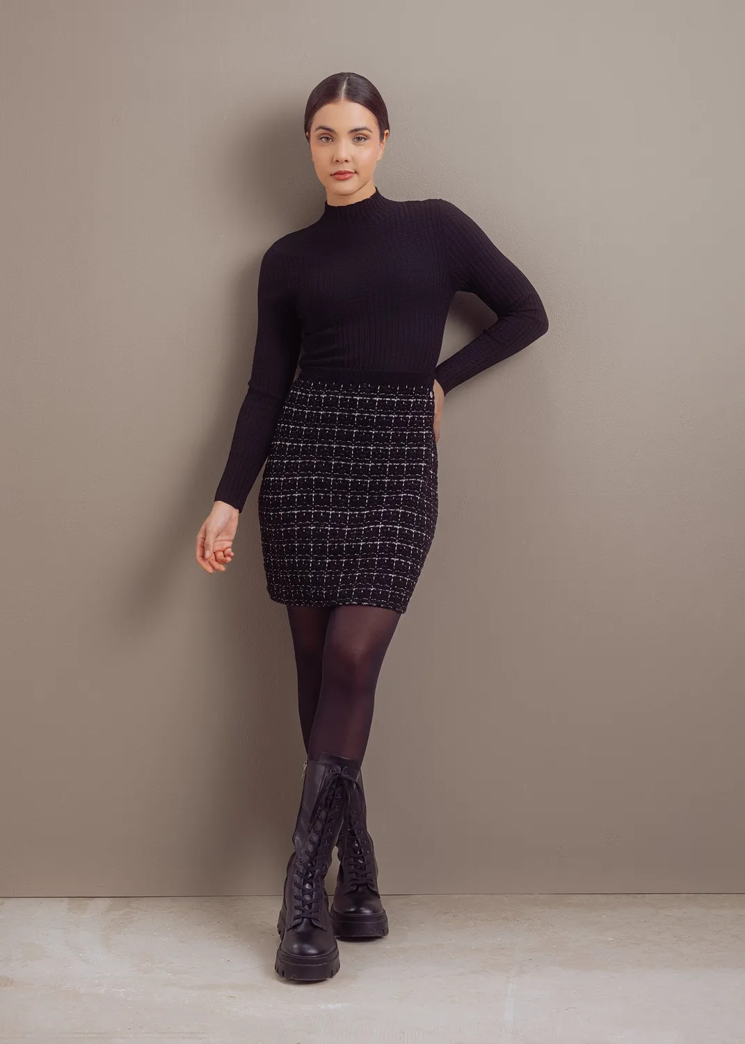 Senatex Minirock Bouclé Wolle-Kaschmir Black Combo Karo