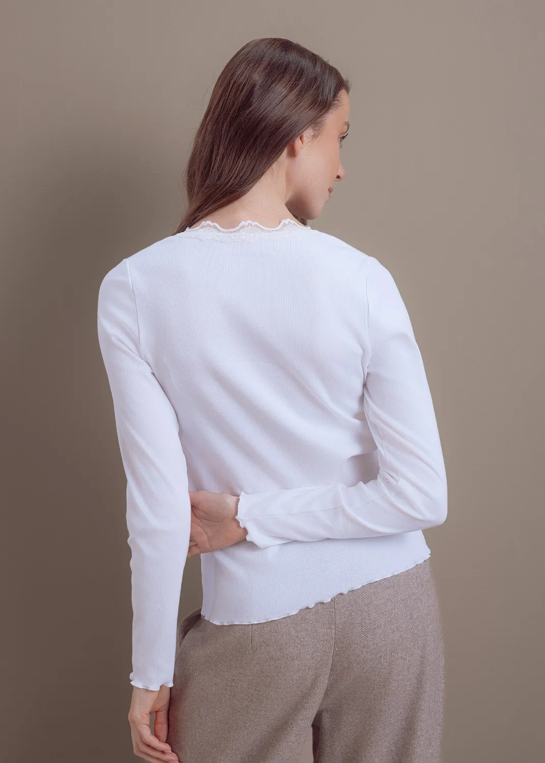 Senatex Ripp-Shirt mit Spitze Langarmshirt Cream Baumwollmix