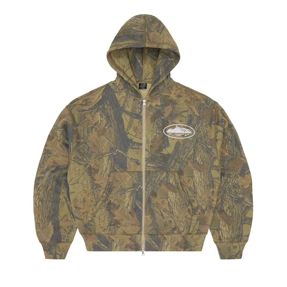 Corteiz Island Puff Print Zip Hoodie Forest Camo