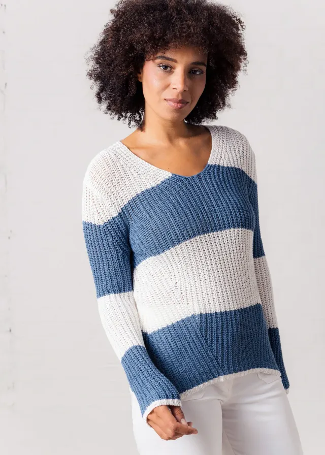 Senatex Blockstreifen-Pullover Baumwolle-Leinen Denim Combo