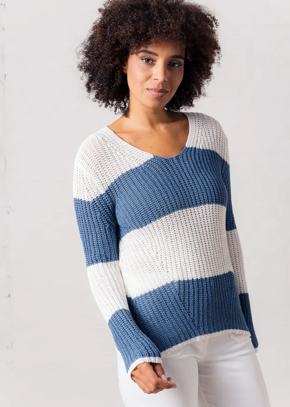 Senatex Blockstreifen-Pullover Baumwolle-Leinen Denim Combo
