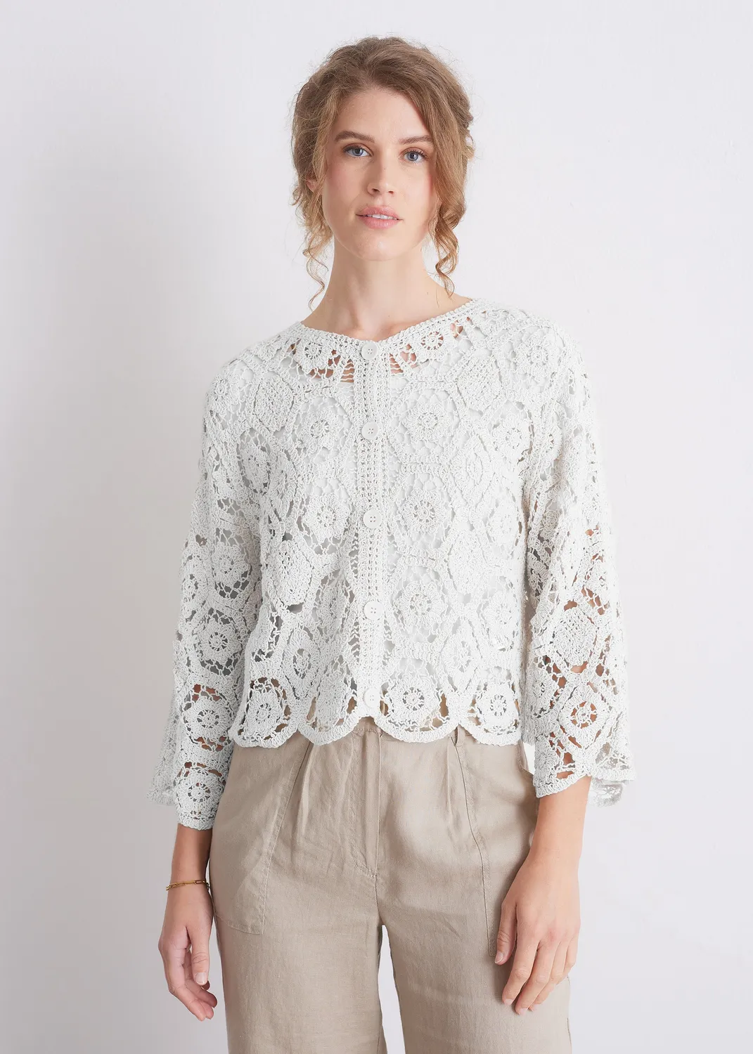 Senatex Häkel-Cardigan Baumwolle Strickjacke Off-White