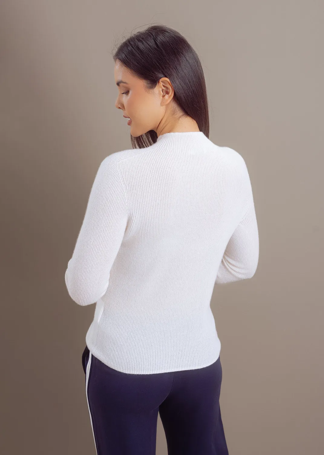 Senatex Kaschmirpullover Pullover Cream Stehkragen Ripp