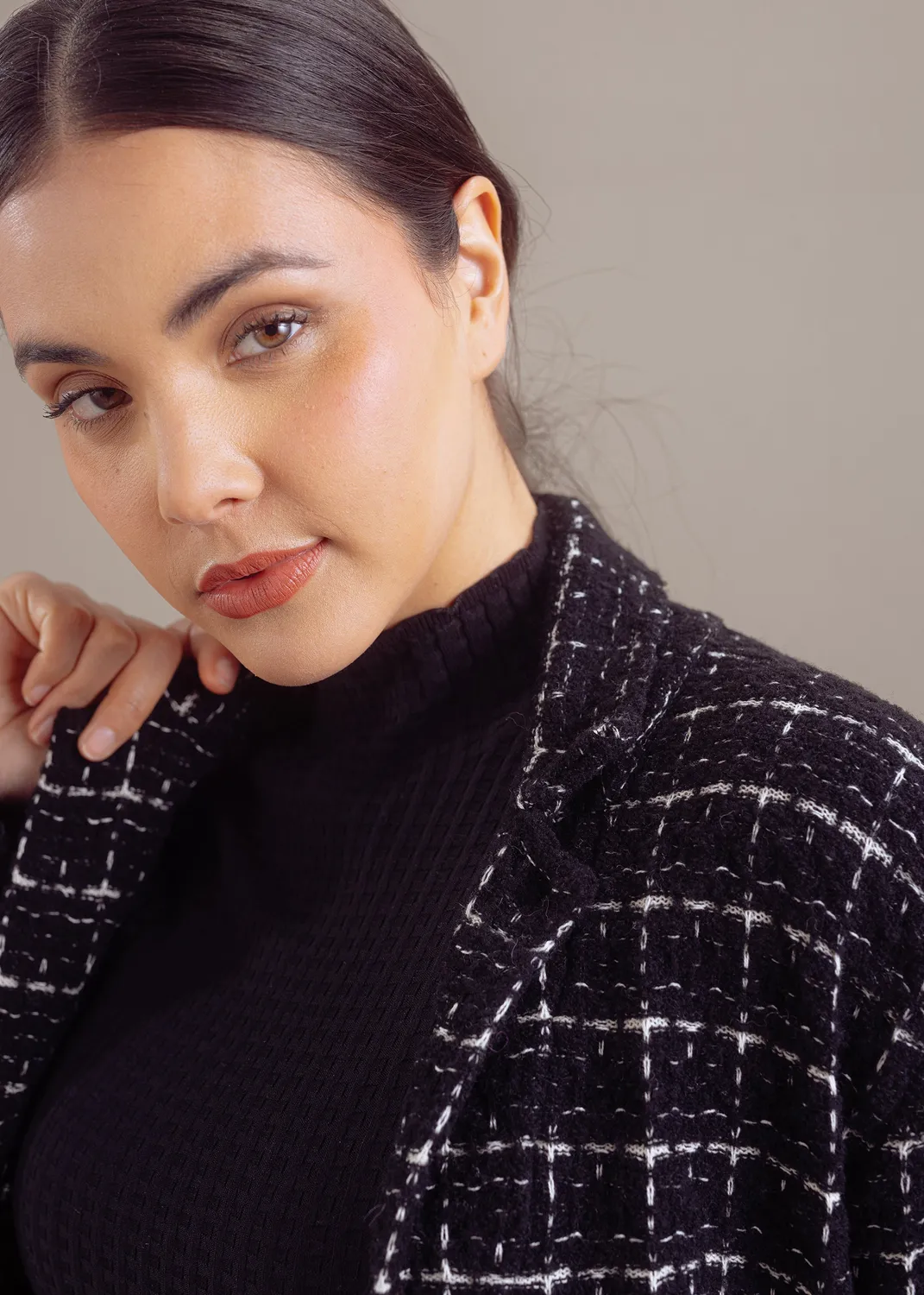 Senatex Boucle Strickjacke Cardigan Black Combo Karo
