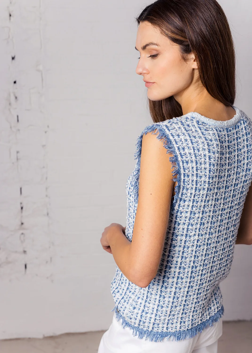 Senatex Bouclé-Top Top Denim Multicolor Fransen