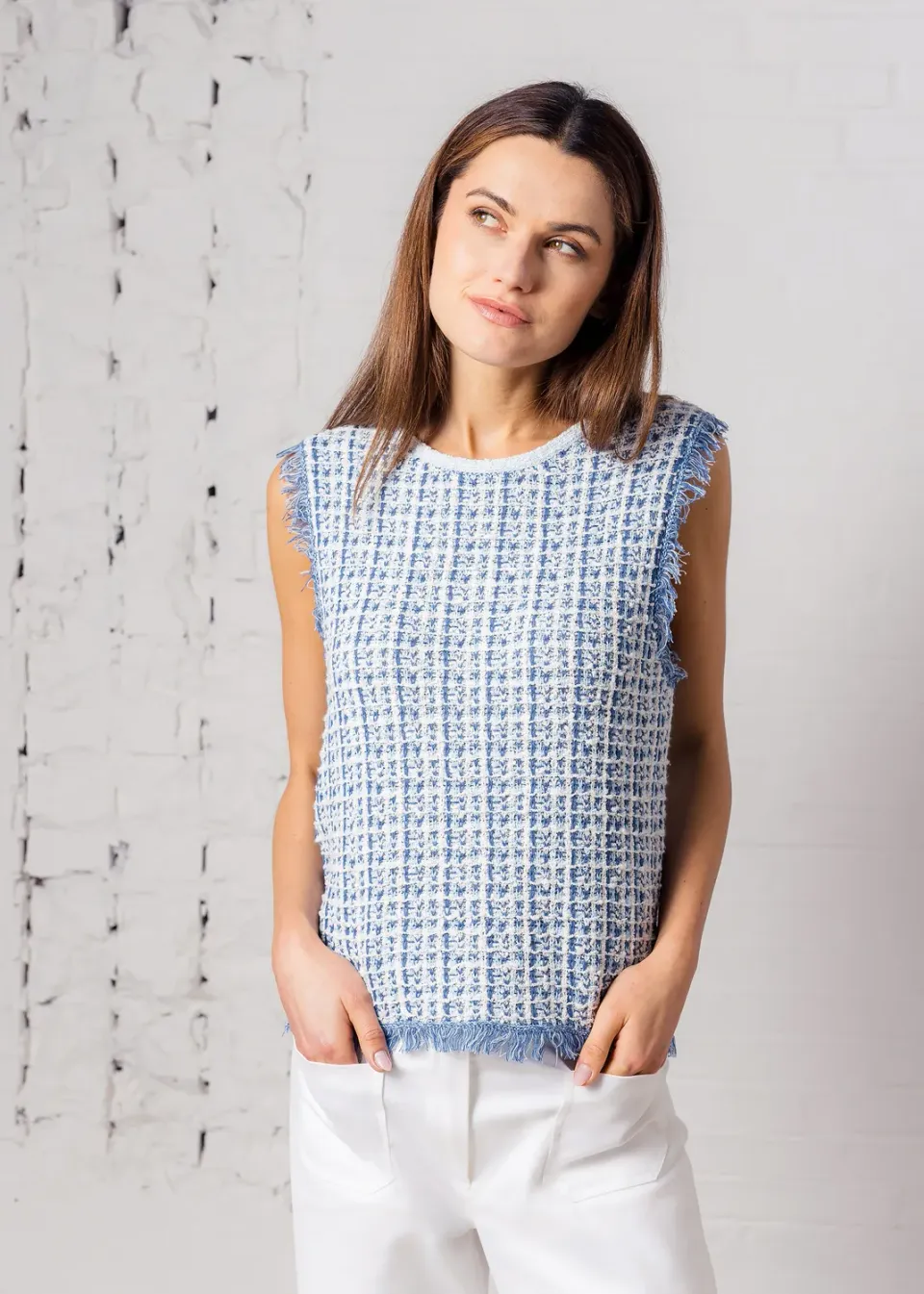 Senatex Bouclé-Top Top Denim Multicolor Fransen