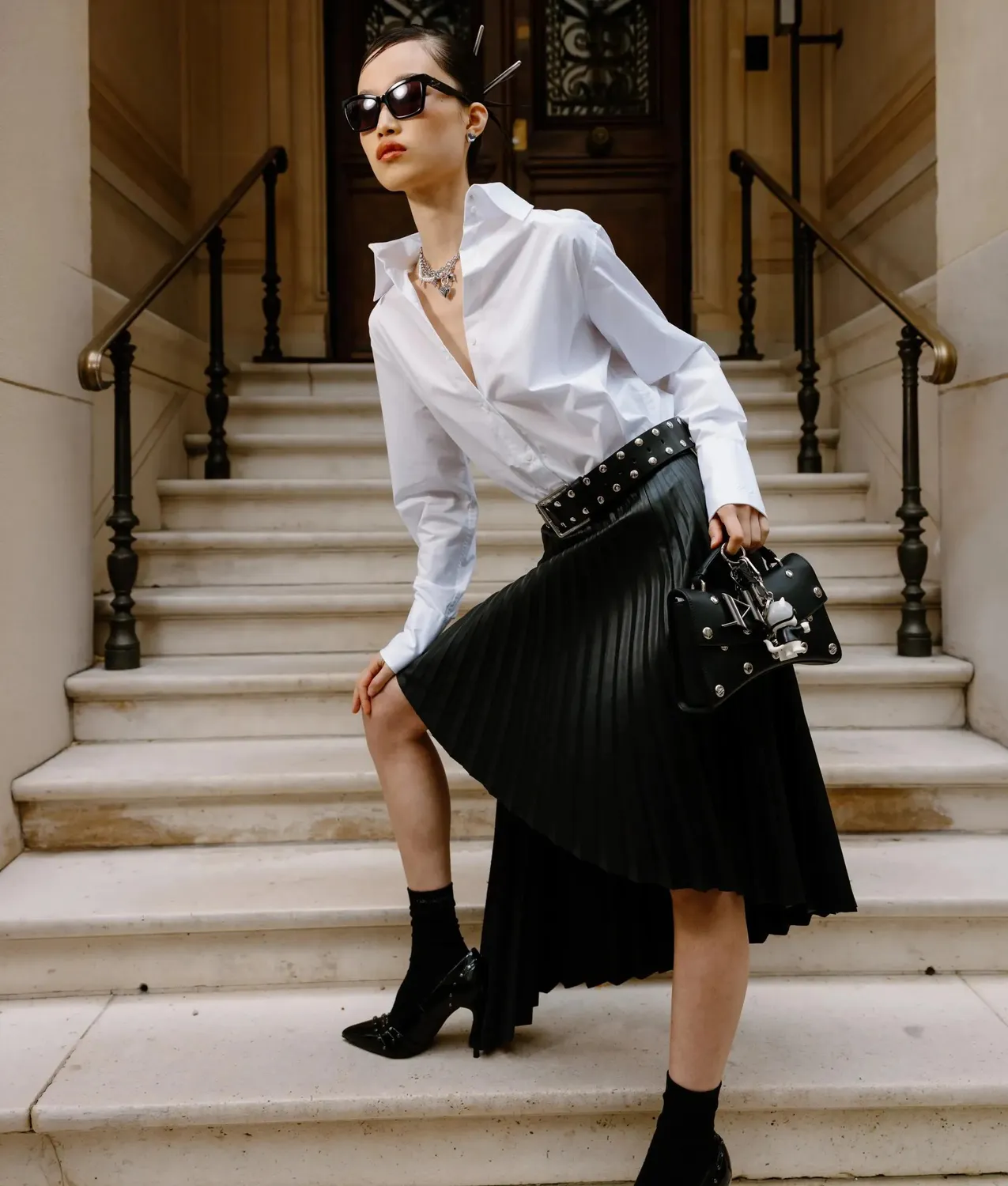 Karl Lagerfeld Plissee Rock Kunstleder asymmetrisch