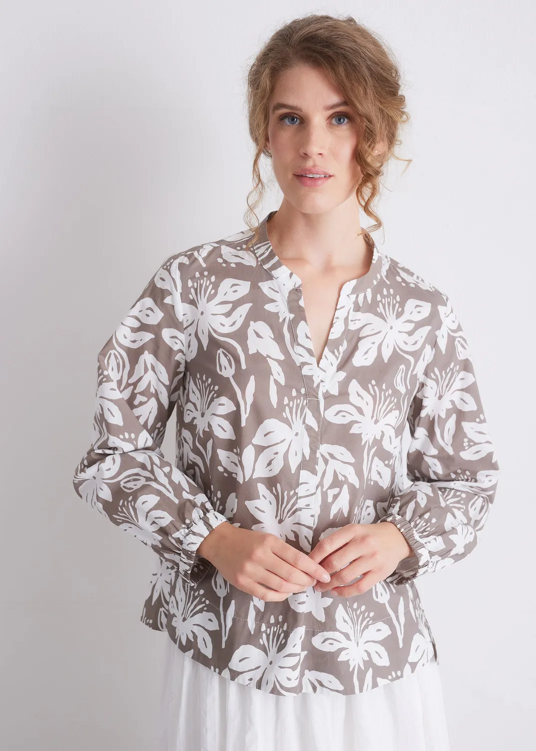 Senatex Bluse Tropical Shadow Gemustert V-Ausschnitt