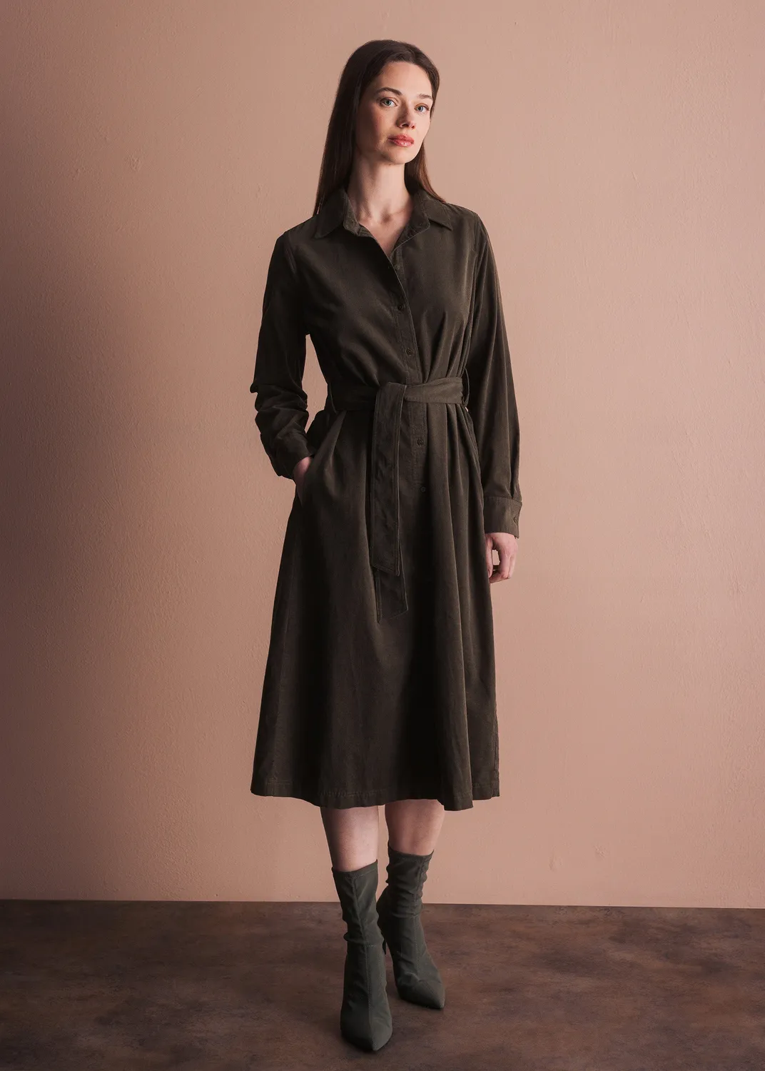 Senatex Hemdblusenkleid aus Cord mit Bindegürtel Kleid Navy Bio