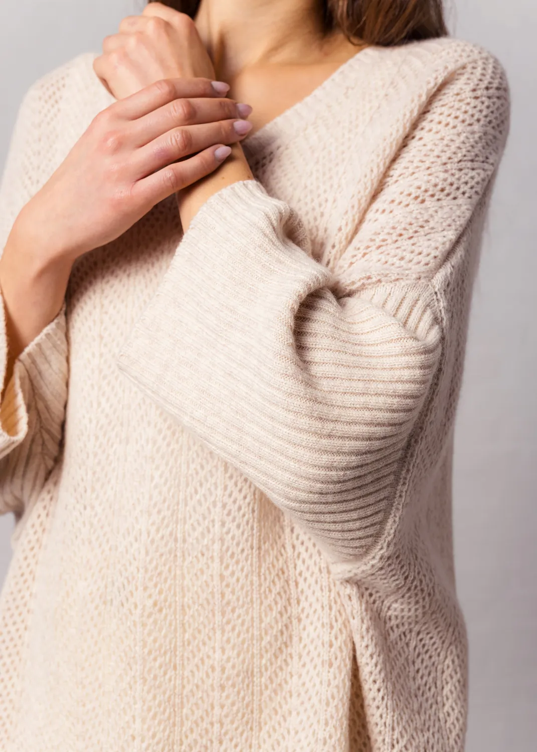 Senatex Oversized Ajour-Strickpullover Pullover Sand Wolle