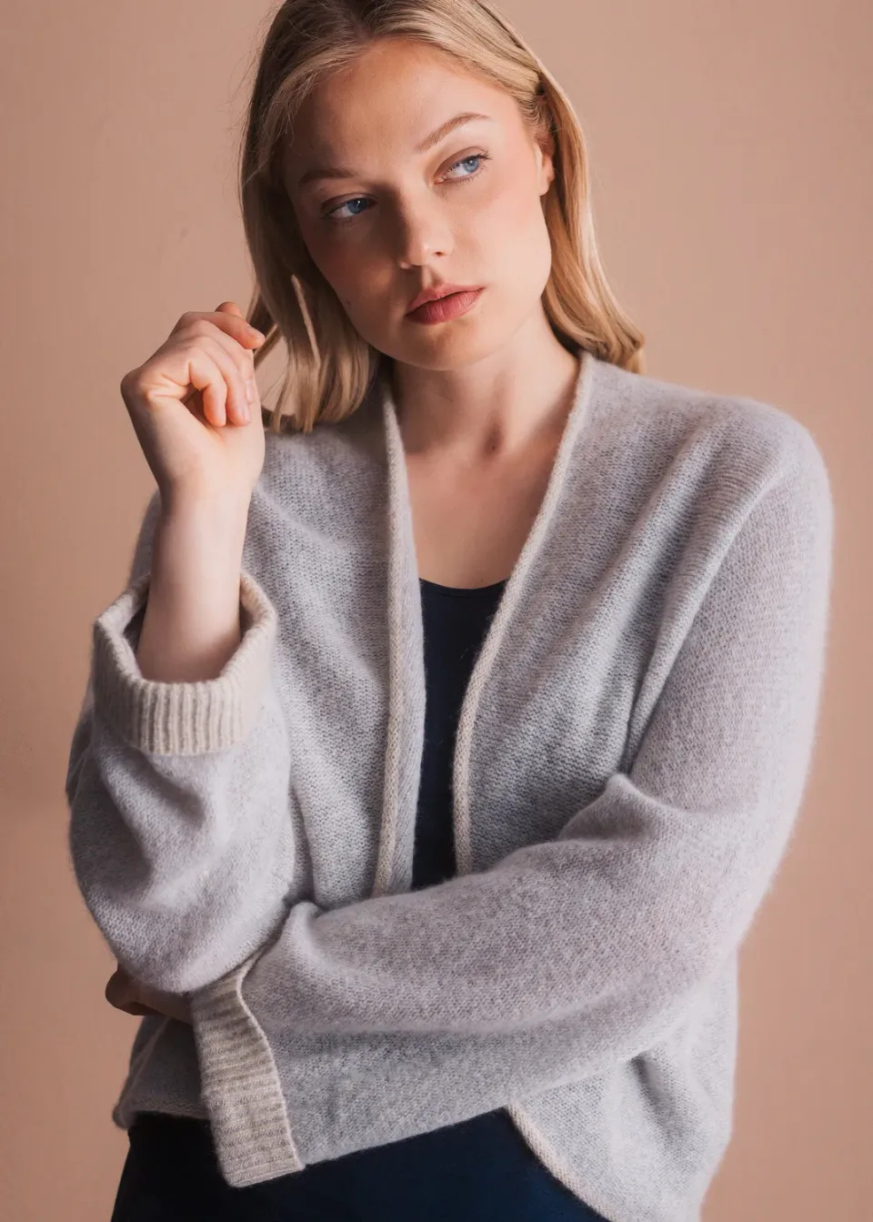 Senatex Cardigan Lurex-Abschluss Lightgrey Wolle-Kaschmir