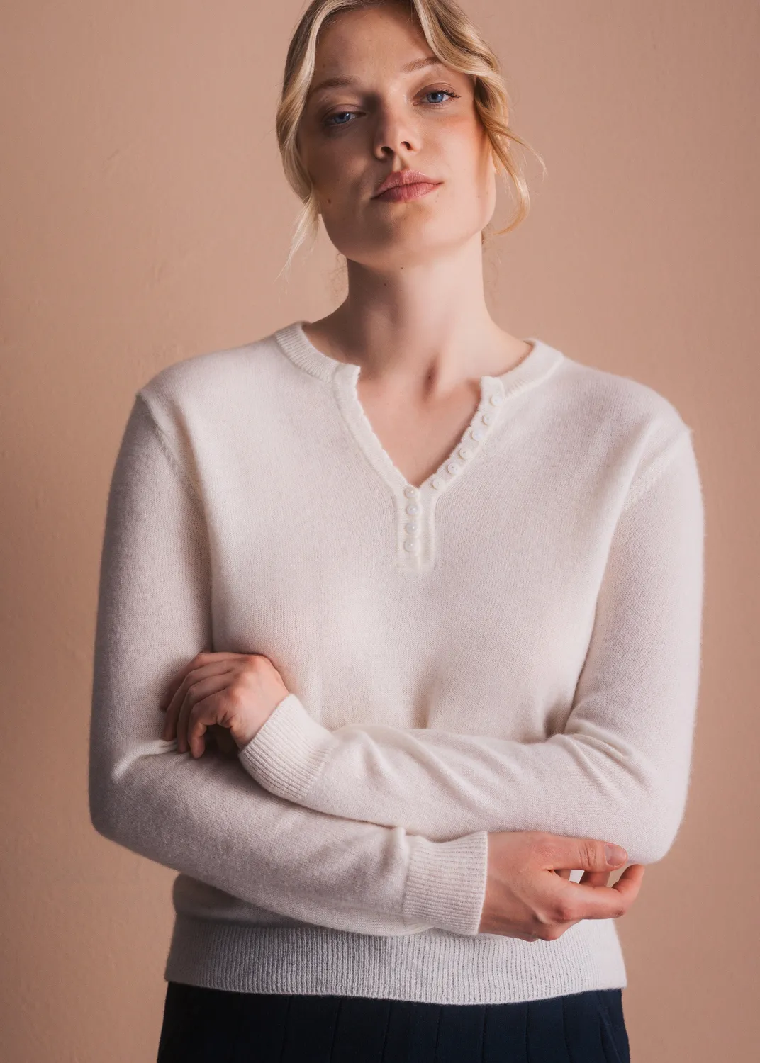 Senatex Kaschmirpullover Knopfleiste Cream Slim Fit