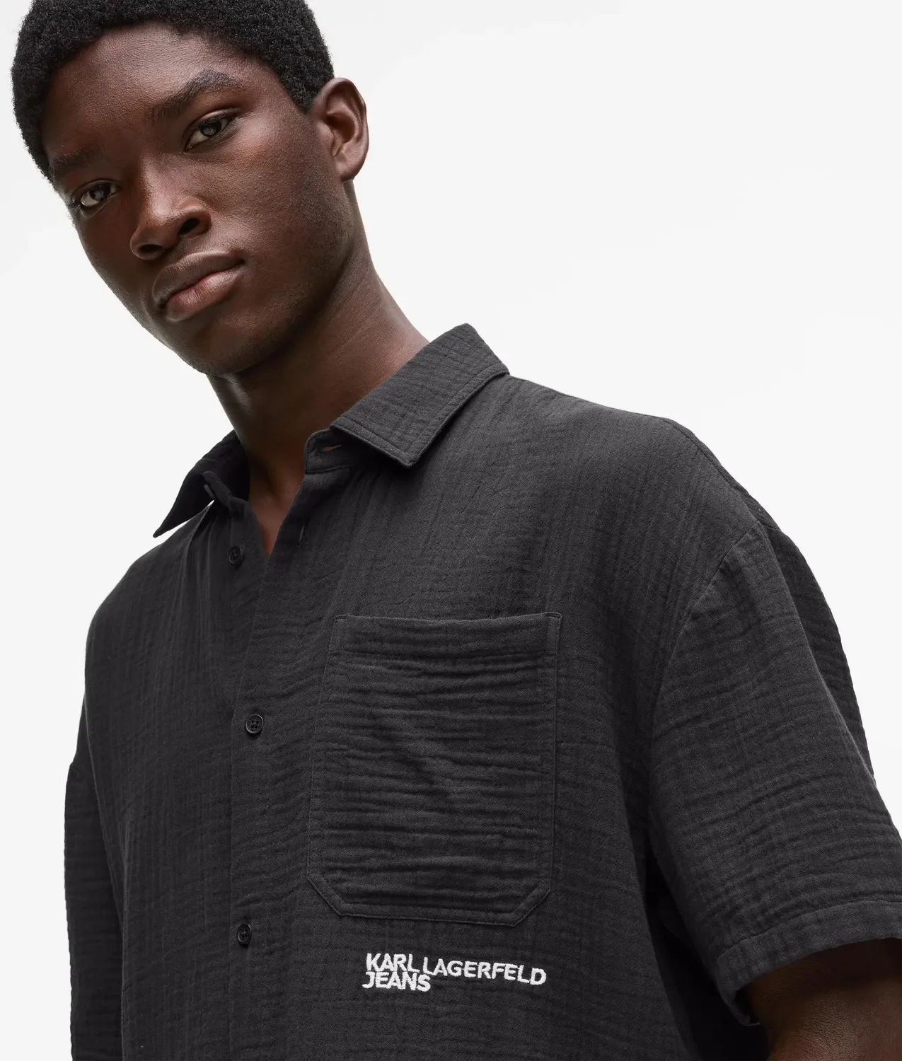 Karl Lagerfeld Crinkled Kurzarm-Hemd Logo Baumwolle