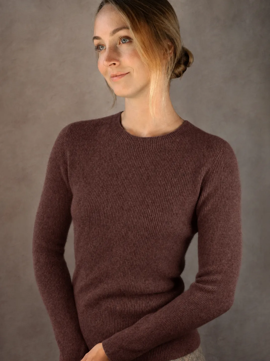Senatex Kaschmirpullover Rundhals Bordeaux schmal