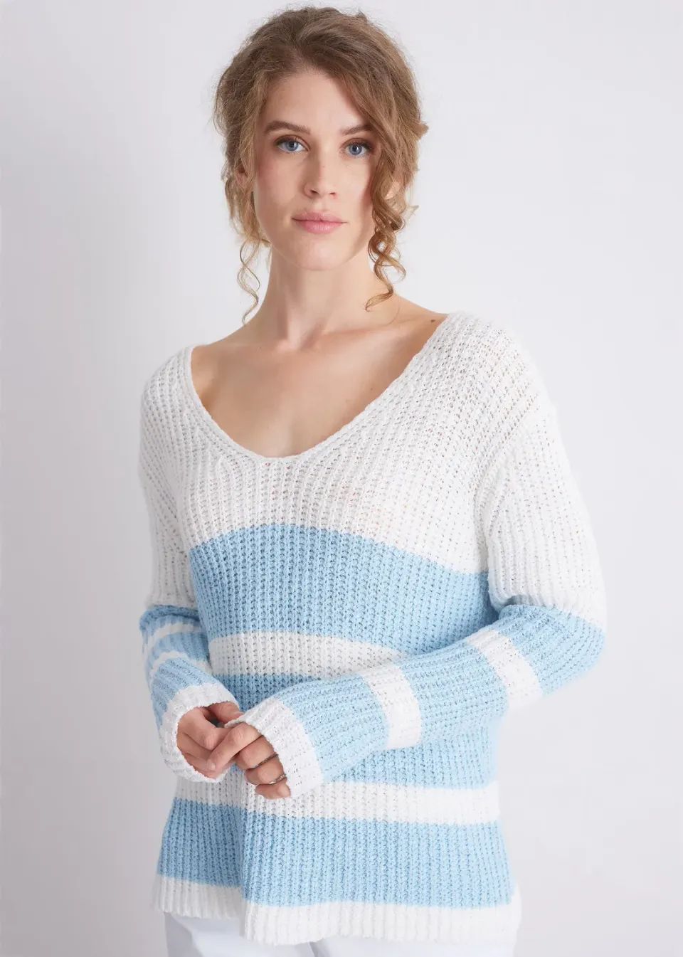 Senatex Strickpullover Blockstreifen V-Ausschnitt White