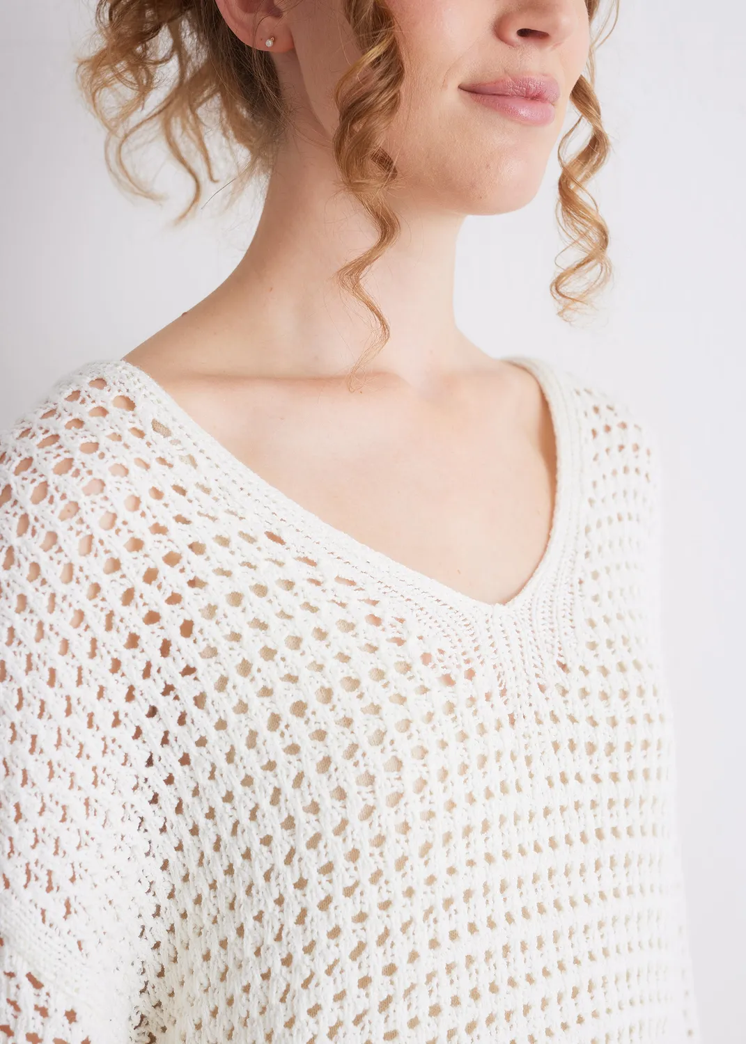 Senatex Ajourstrickpullover V-Ausschnitt Off-White luftig