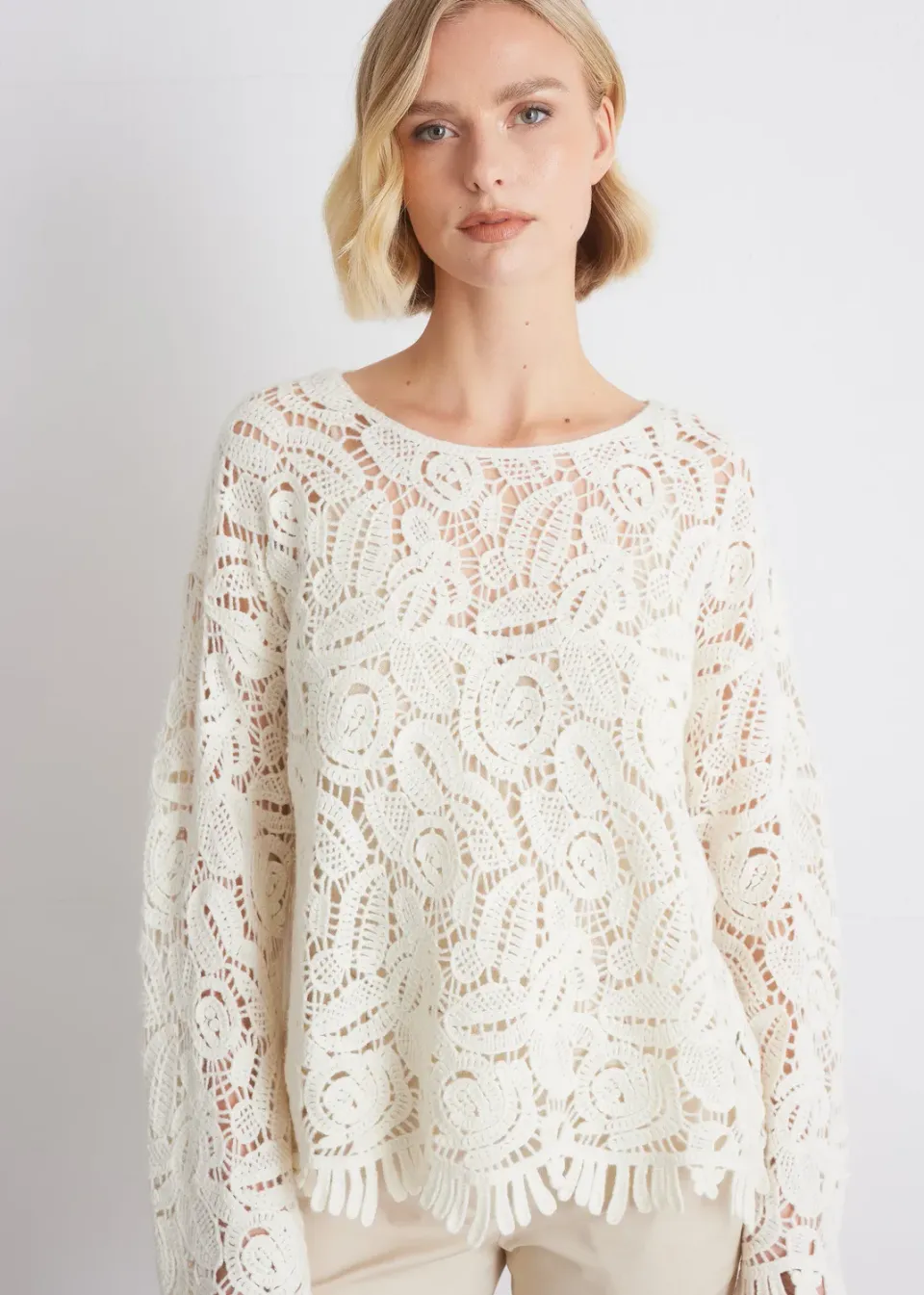 Senatex Floraler Lochstrickpullover Wolle Cream